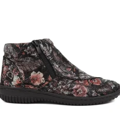 Leather Ankle Boots - Black Floral