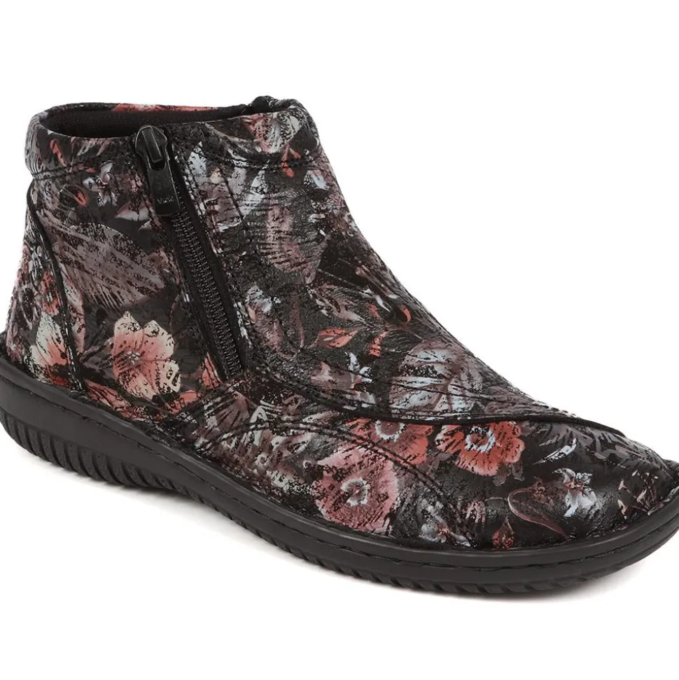 Leather Ankle Boots - Black Floral