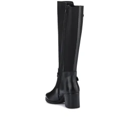 Leather Block-Heeled Long Boots - Black
