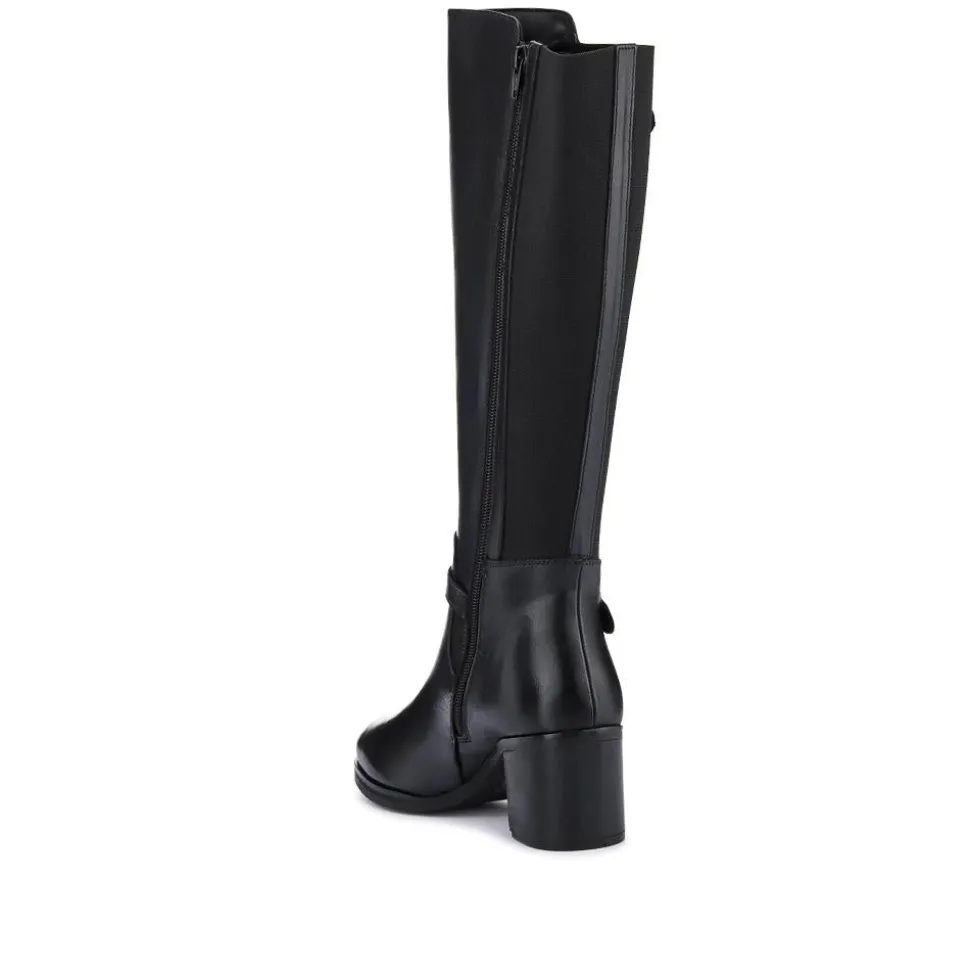 Leather Block-Heeled Long Boots - Black