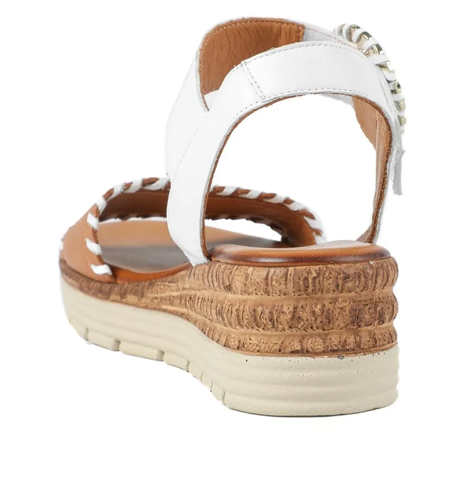 Leather Buckle Fasten Wedge Sandals - White-Tan