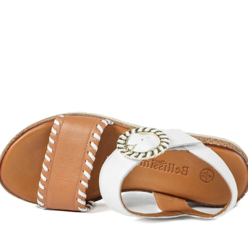 Leather Buckle Fasten Wedge Sandals - White-Tan