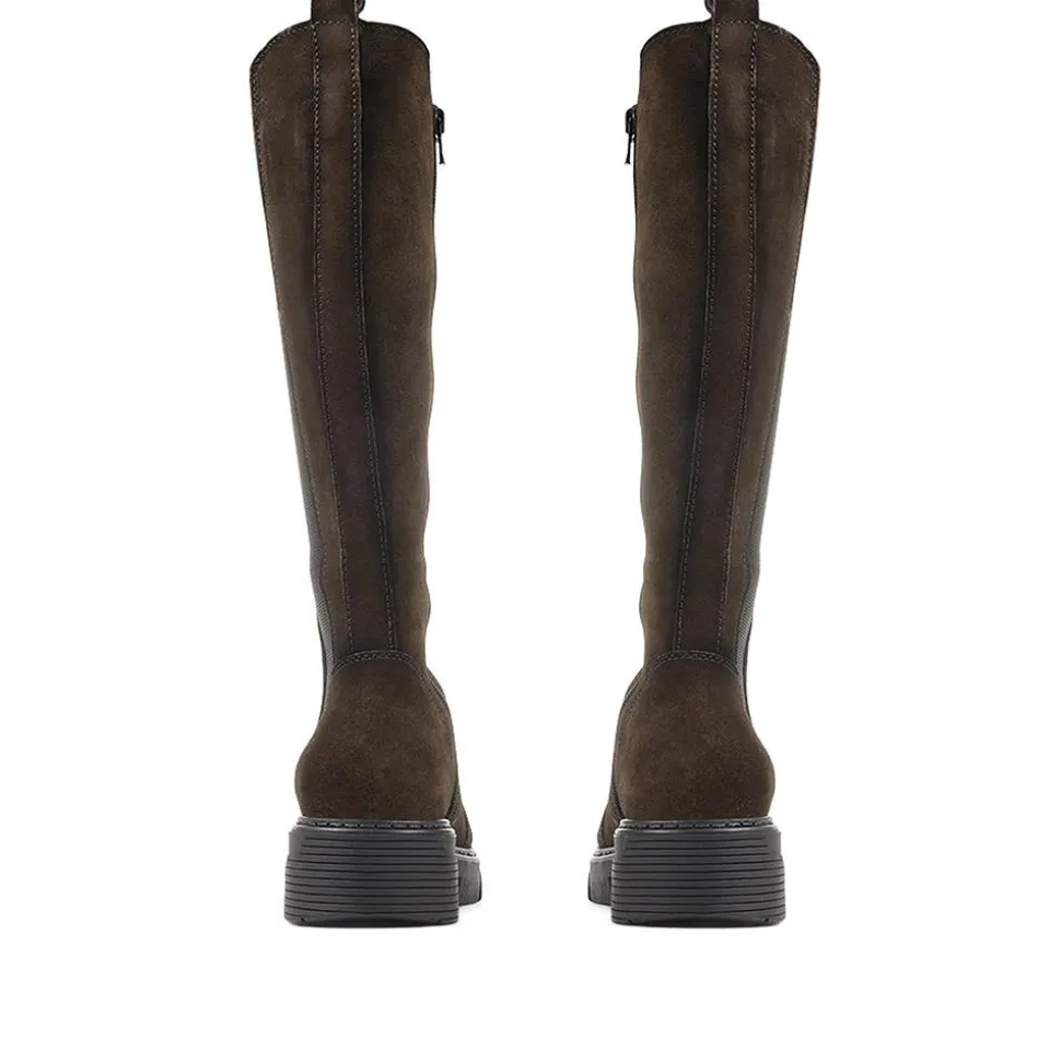 Leather Chunky Knee-High Boots - Khaki
