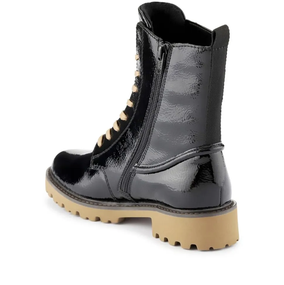 Leather Chunky-Laced Ankle Boots - Black Patent