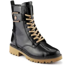 Leather Chunky-Laced Ankle Boots - Black Patent