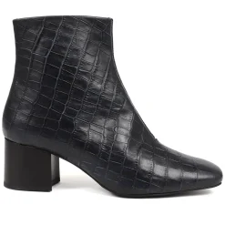 Leather Croc Heeled Ankle Boots - Navy Croc