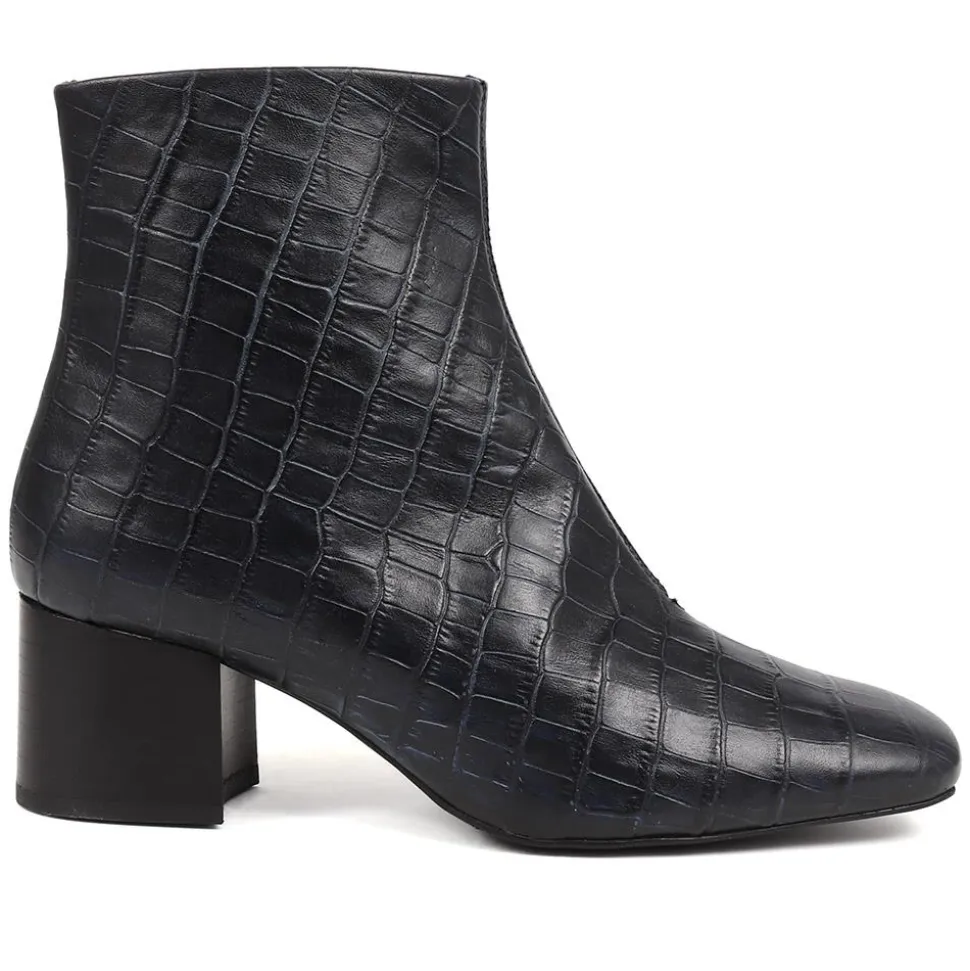Leather Croc Heeled Ankle Boots - Navy Croc