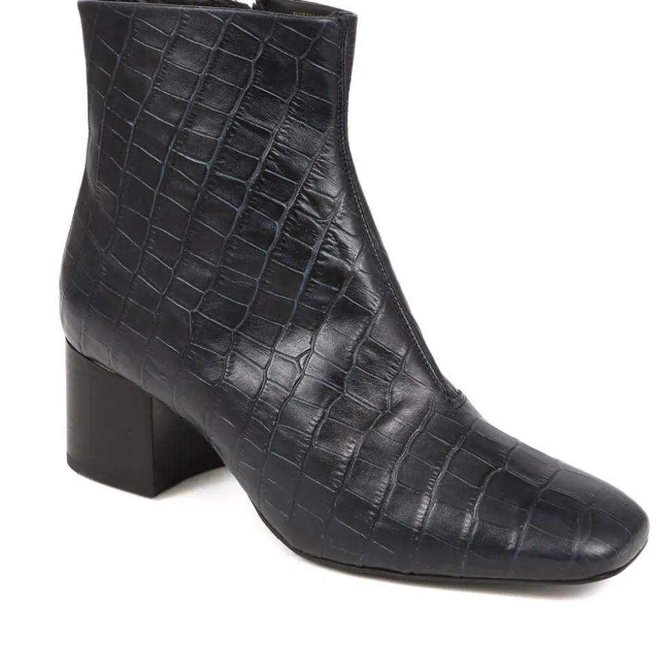 Leather Croc Heeled Ankle Boots - Navy Croc