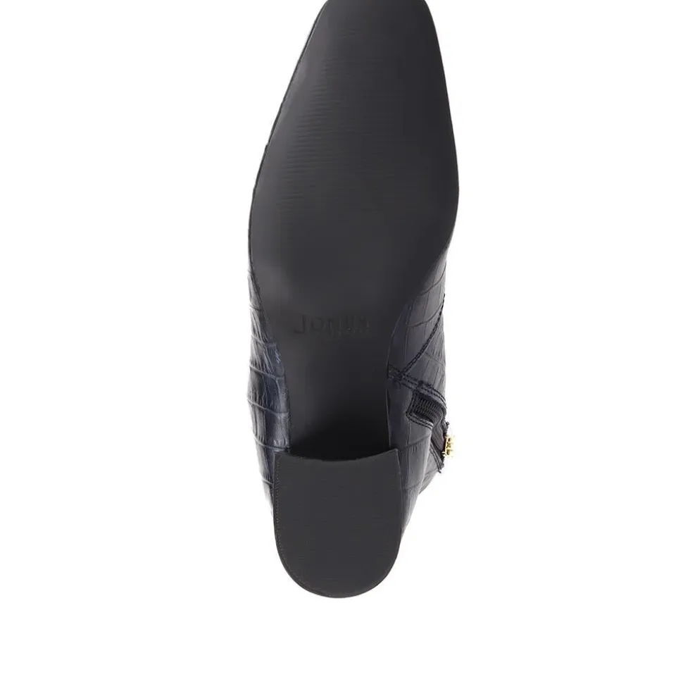Leather Croc Heeled Ankle Boots - Navy Croc