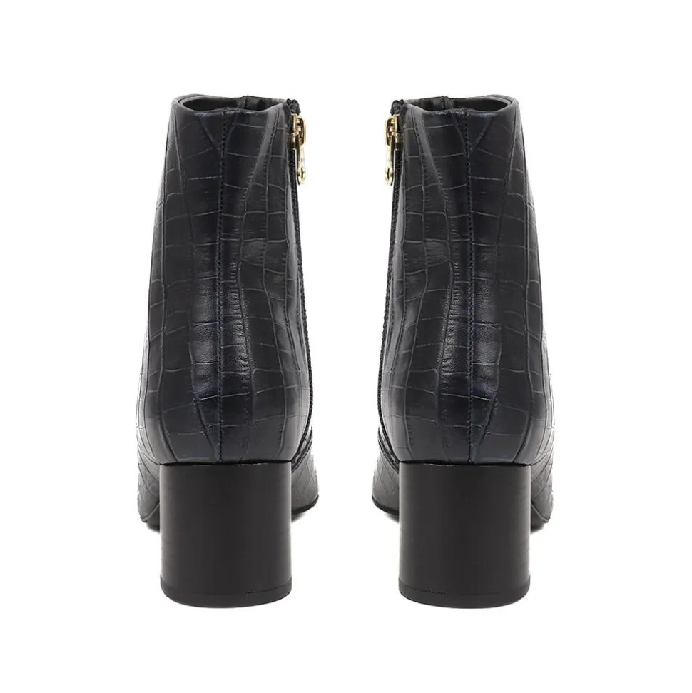 Leather Croc Heeled Ankle Boots - Navy Croc