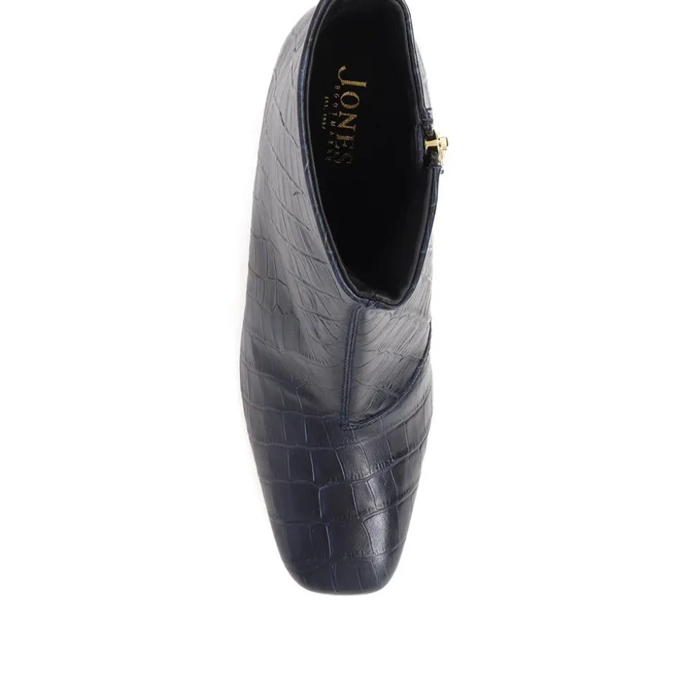 Leather Croc Heeled Ankle Boots - Navy Croc