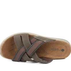 Leather Cross Strap Slip On Sandals - Brown