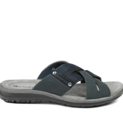 Leather Cross Strap Slip On Sandals - Navy