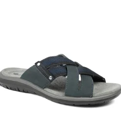 Leather Cross Strap Slip On Sandals - Navy