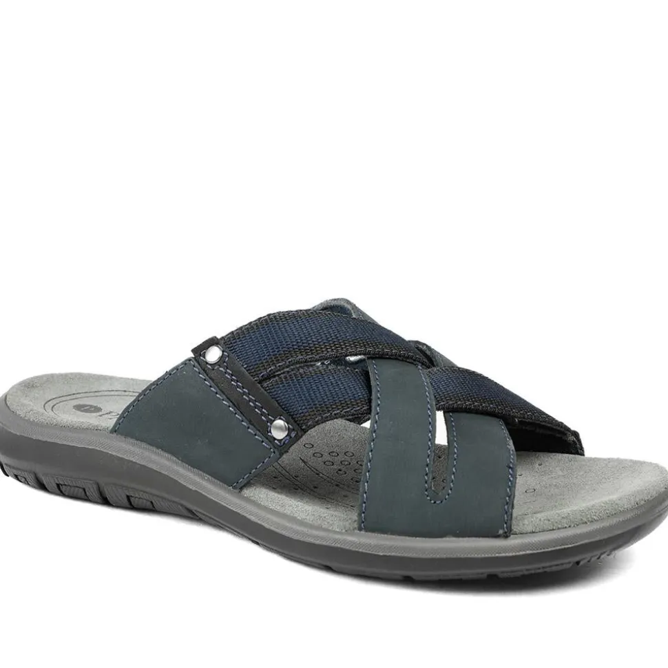 Leather Cross Strap Slip On Sandals - Navy