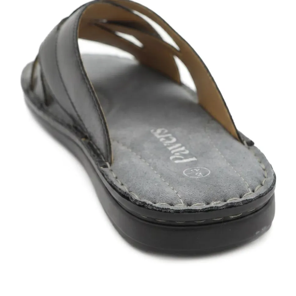 Leather Cushioned Slip On Sandals - Black