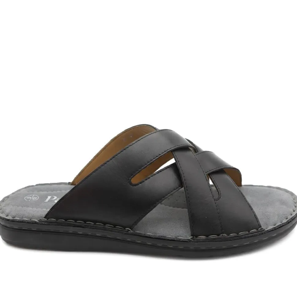 Leather Cushioned Slip On Sandals - Black