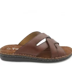 Leather Cushioned Slip On Sandals - Brown