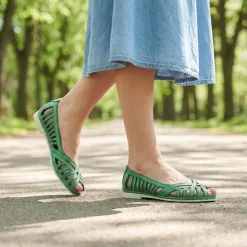 Leather Cut Out Peep Toe Flats - Green