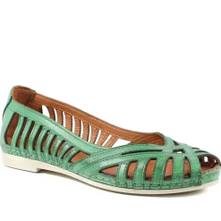 Leather Cut Out Peep Toe Flats - Green