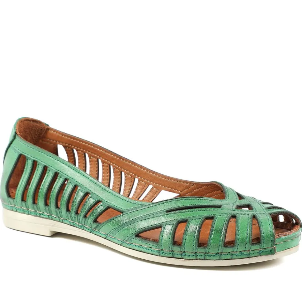 Leather Cut Out Peep Toe Flats - Green