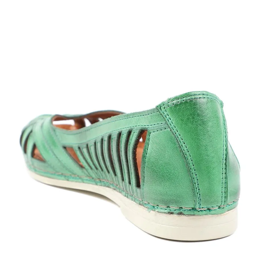 Leather Cut Out Peep Toe Flats - Green