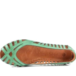Leather Cut Out Peep Toe Flats - Green