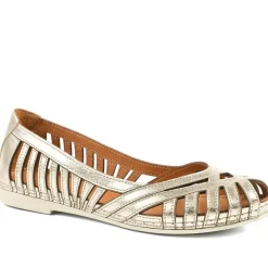 Leather Cut Out Peep Toe Flats - Metallic