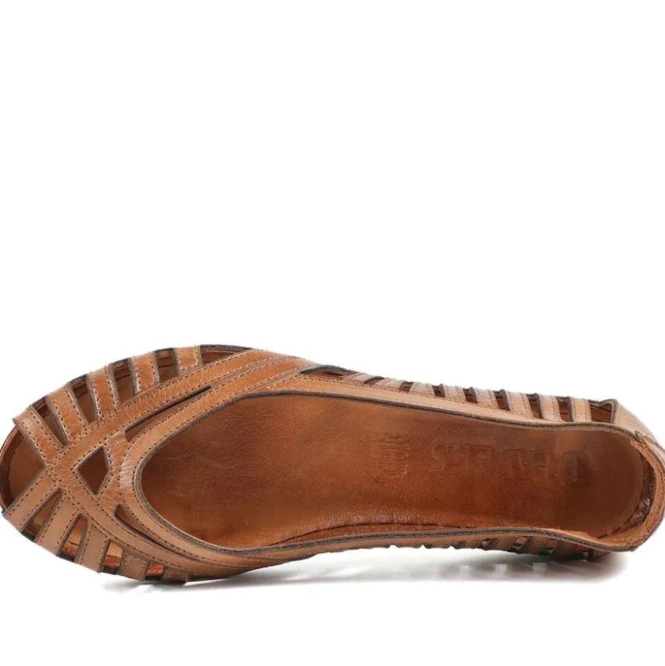 Leather Cut Out Peep Toe Flats - Tan