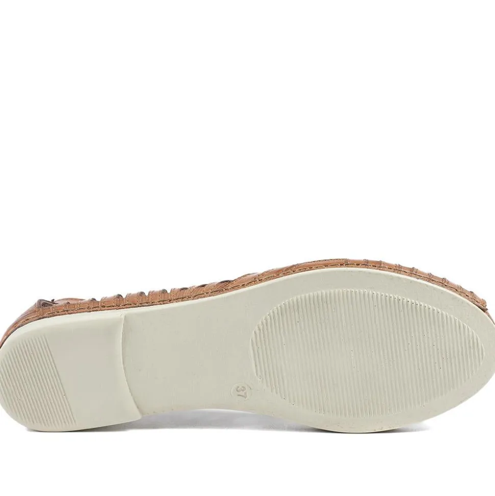 Leather Cut Out Peep Toe Flats - Tan