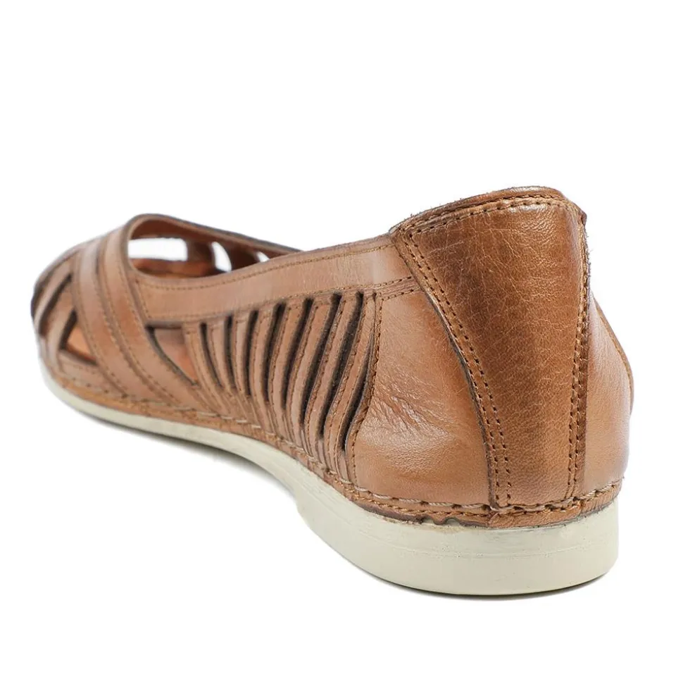 Leather Cut Out Peep Toe Flats - Tan