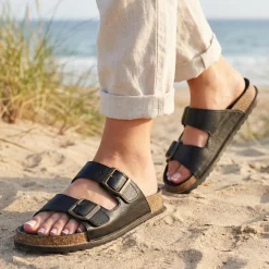 Leather Dual Buckle Fastening Sandals - Black Leather