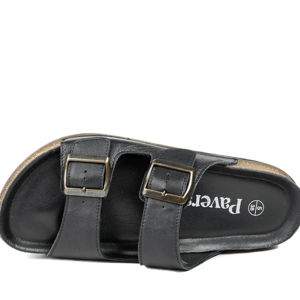 Leather Dual Buckle Fastening Sandals - Black Leather