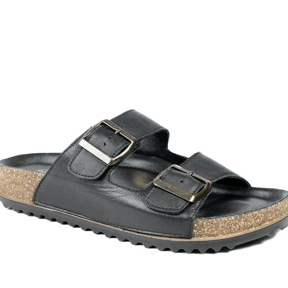 Leather Dual Buckle Fastening Sandals - Black Leather