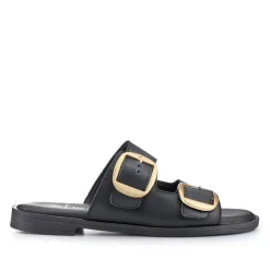 Leather Dual-Fastening Mules - Black