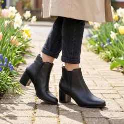 Leather Elasticated Heeled Ankle Boots - Black
