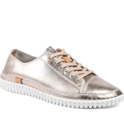 Leather Flexible Lightweight Lace Up Trainers - Champagne