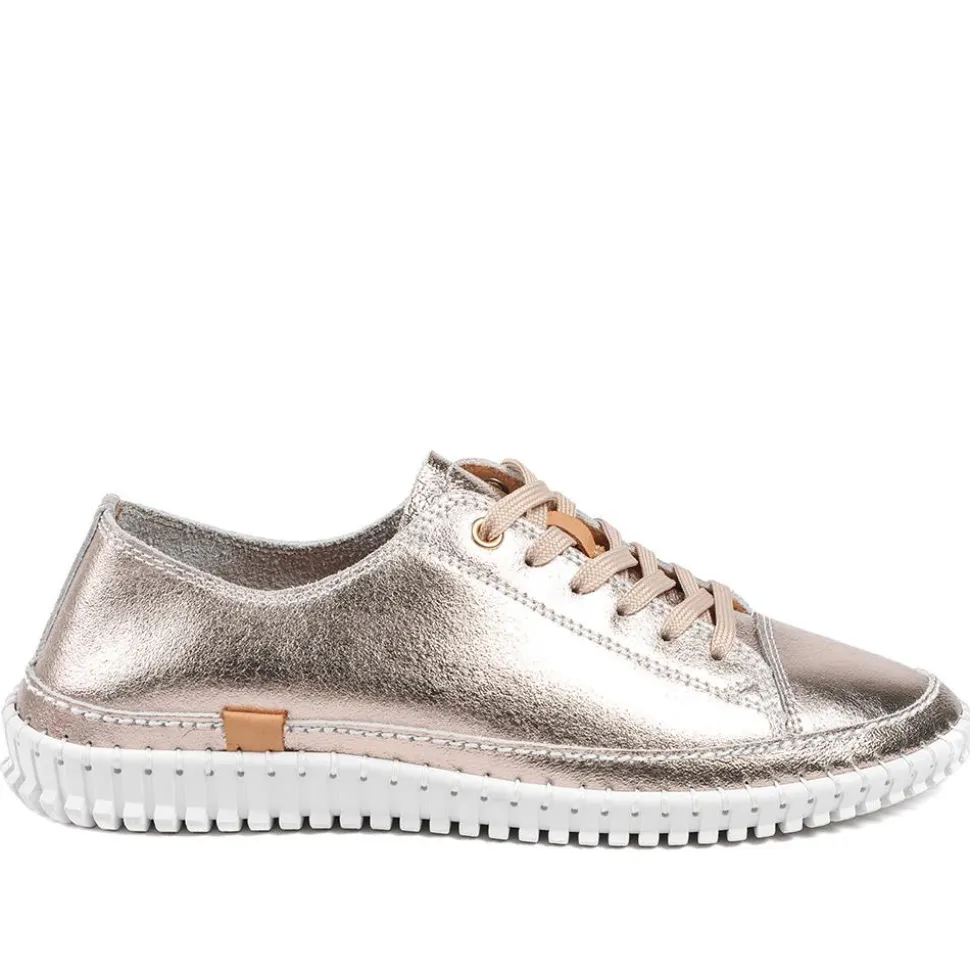 Leather Flexible Lightweight Lace Up Trainers - Champagne
