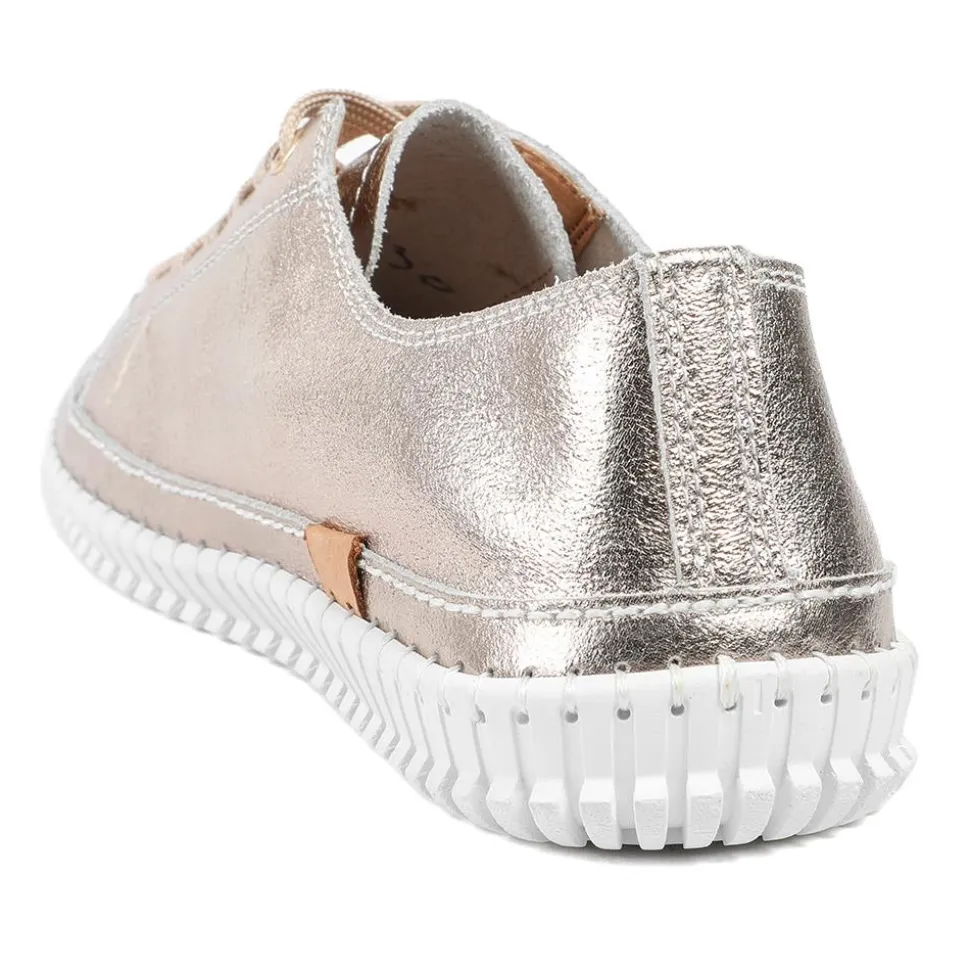 Leather Flexible Lightweight Lace Up Trainers - Champagne