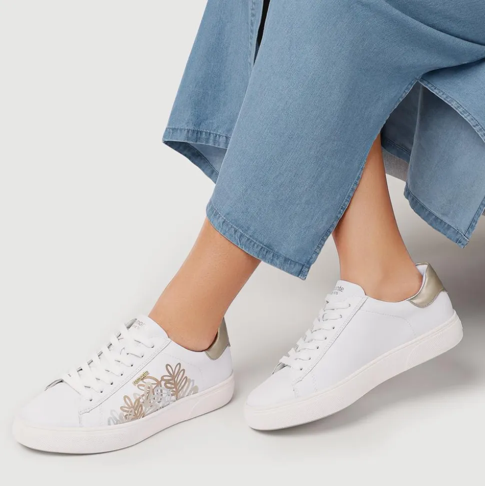 Leather Floral Patterned Trainers - White Metallic