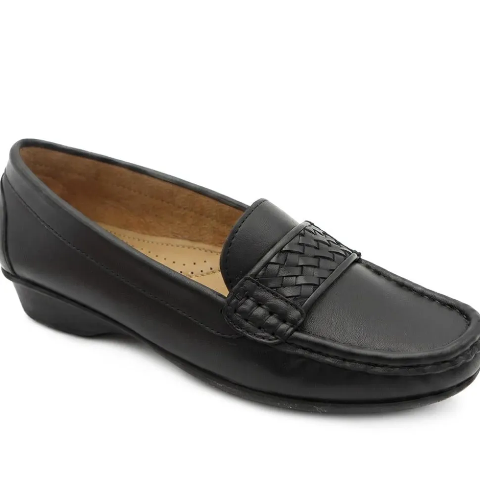 Leather Heeled Moccasins with Woven Detail - Black