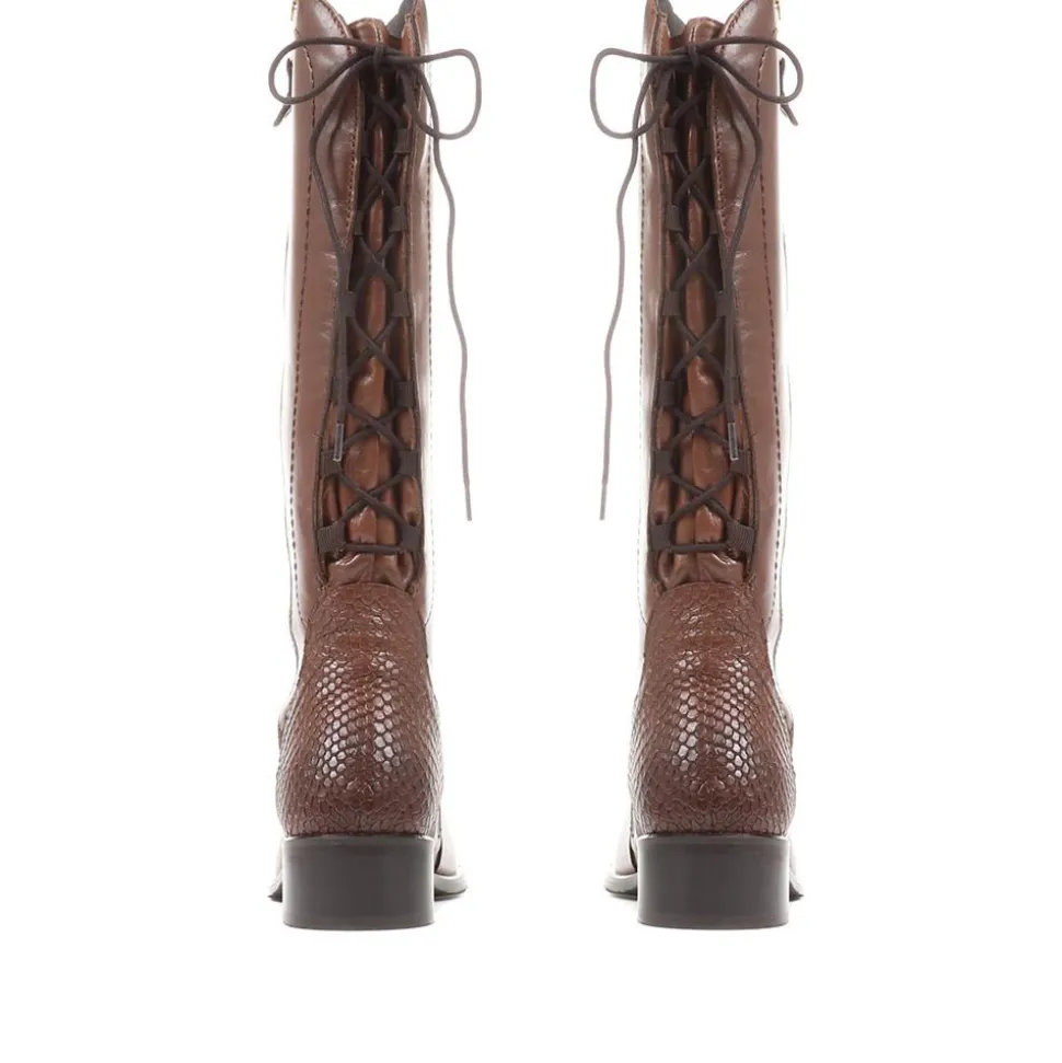 Leather Knee High Boots - Cognac