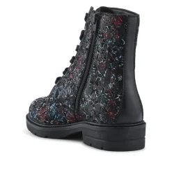 Leather Lace-Up Boots With Inside Zip - Black Floral