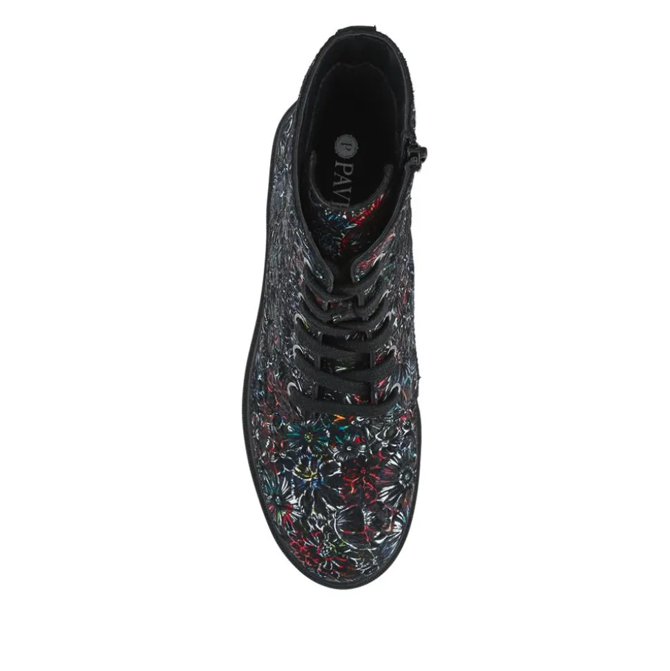Leather Lace-Up Boots With Inside Zip - Black Floral