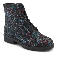 Leather Lace-Up Boots With Inside Zip - Black Floral