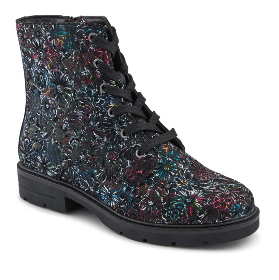 Leather Lace-Up Boots With Inside Zip - Black Floral