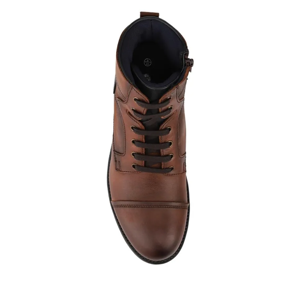 Leather Lace Up Toe Cap Boots - Brown