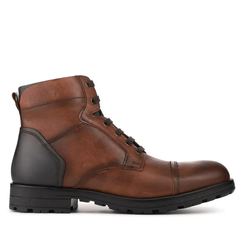 Leather Lace Up Toe Cap Boots - Brown