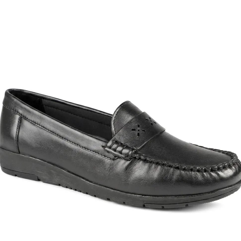 Leather Moccasins with Cut Out Strap - Black