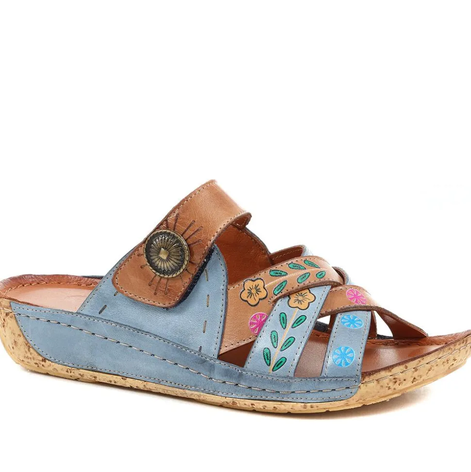 Leather Mule Sandals - Denim-Tan